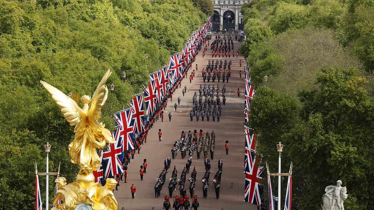 A general view of Mounties of the Royal Canadian Mounted Police along The Mall.