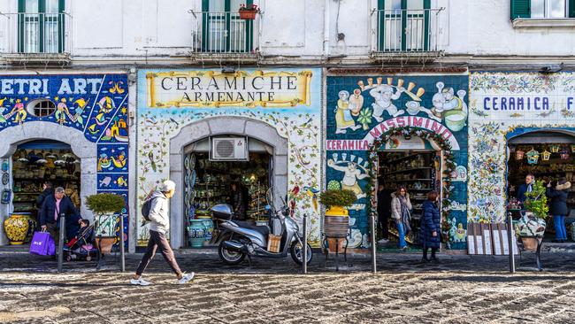 Vietri, Campania, Italy. Row of shops selling ceramics souvenirs at Vietri sul mare on the Amalfi Coast