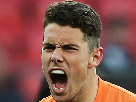 Greater Western Sydney's Josh Kelly celebrates a goal during AFL match GWS Giants v Essendon at Spotless Stadium. Picture. Phil Hillyard