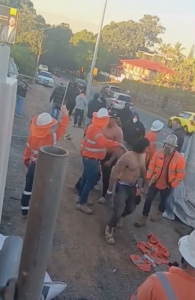 Vision has emerged of a wild brawl between striking tradies and non-union workers who tried to cross a picket line at one of the sites of Queensland's largest infrastructure project.