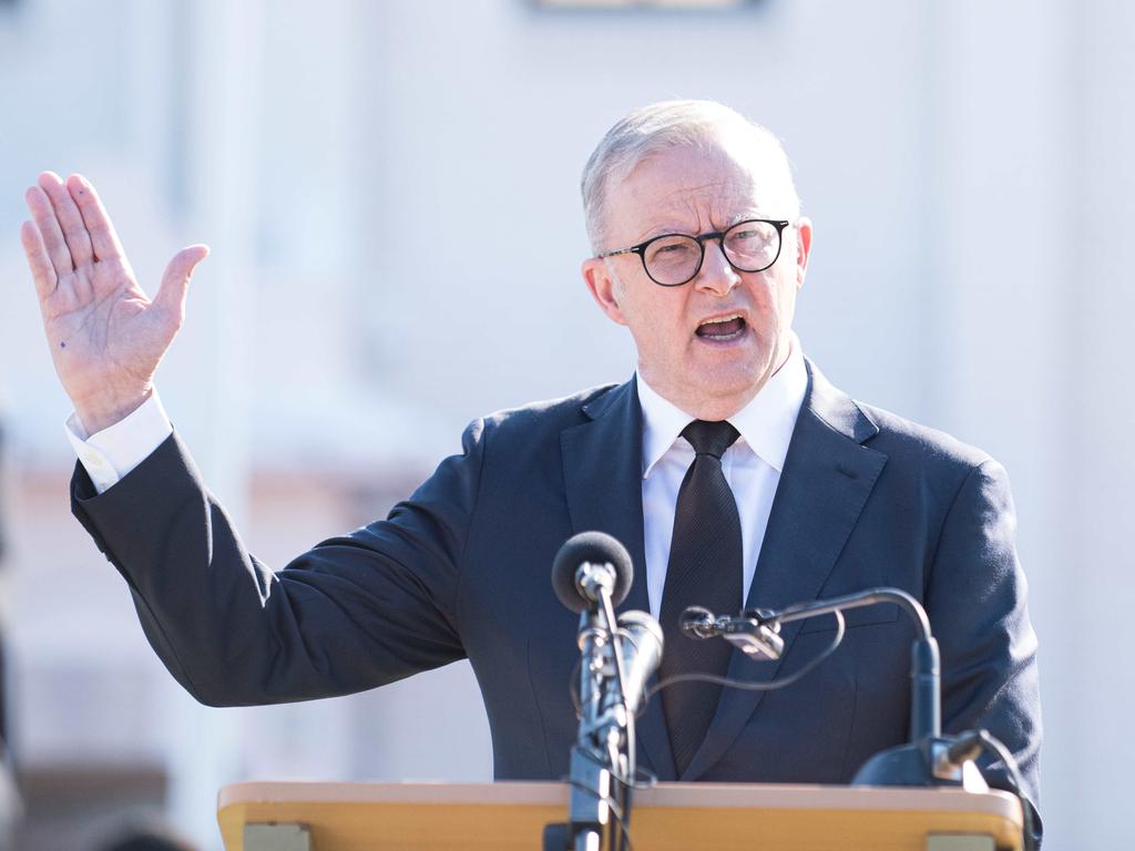 Prime Minister Anthony Albanese speaks during the funeral for stabbed Bondi Junction security guard Faraz Tahir at Masjid Baitul Huda. Picture: NCA NewsWire / Flavio Brancaleone