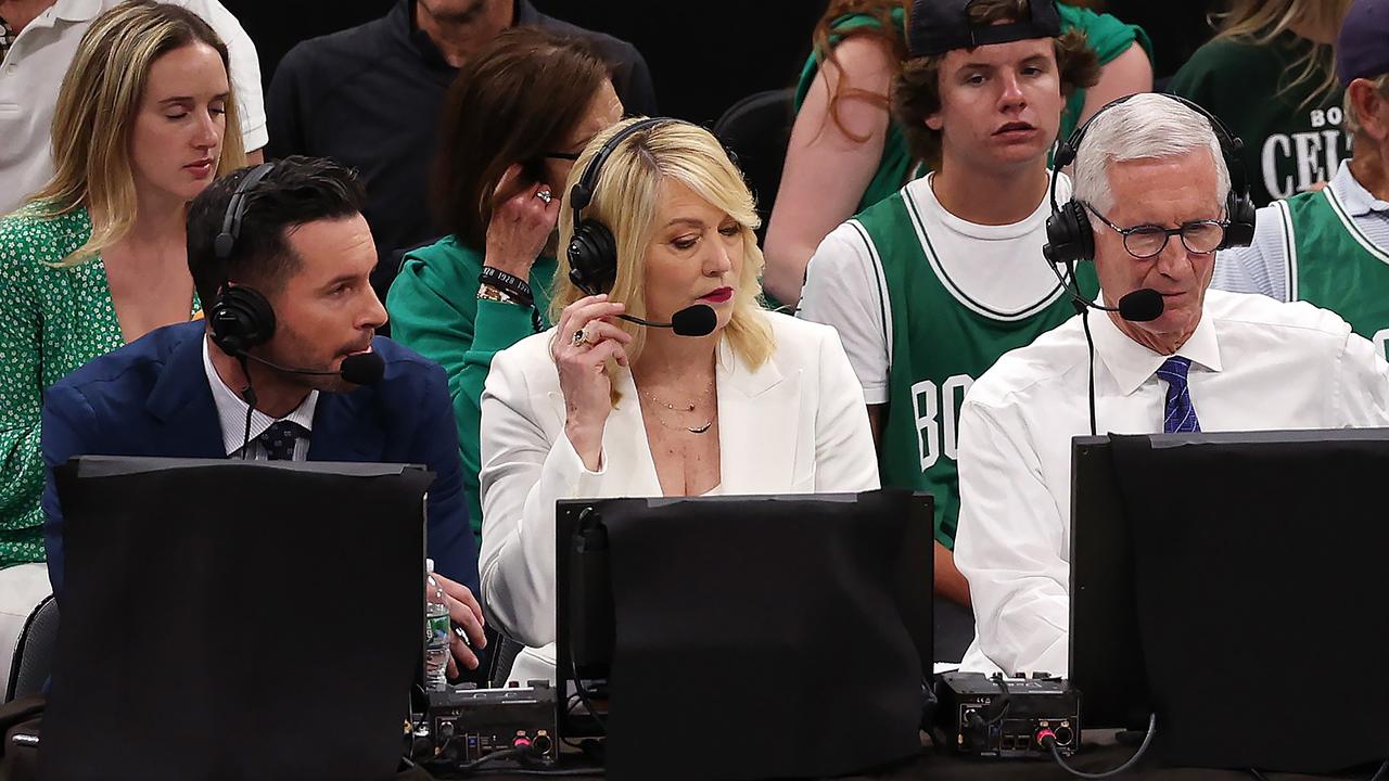 ESPN broadcasters JJ Redick, Doris Burke, and Mike Breen. Photo by Elsa/Getty Images
