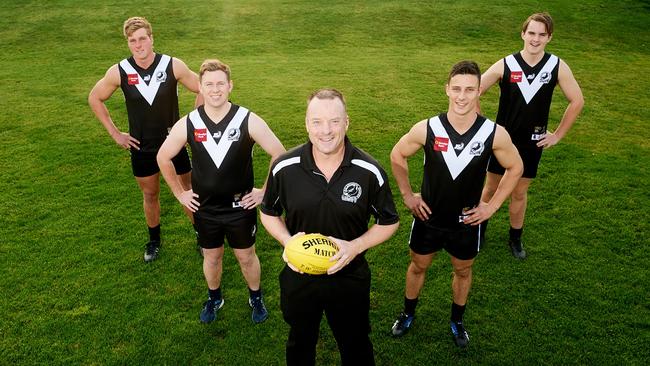 Kalangadoo Football Club . Liam Hay, Reece Carlson (Junior President), Adam Box (Club President), Ethan Maney, Charlie Box . Picture: Frank Monger