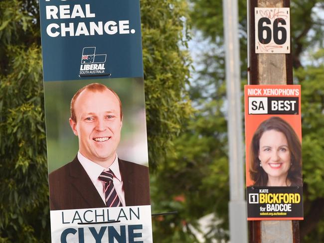 Election posters photographed on stobie poles in Adelaide on Friday the 16th of March 2018. (AAP/ Keryn Stevens)