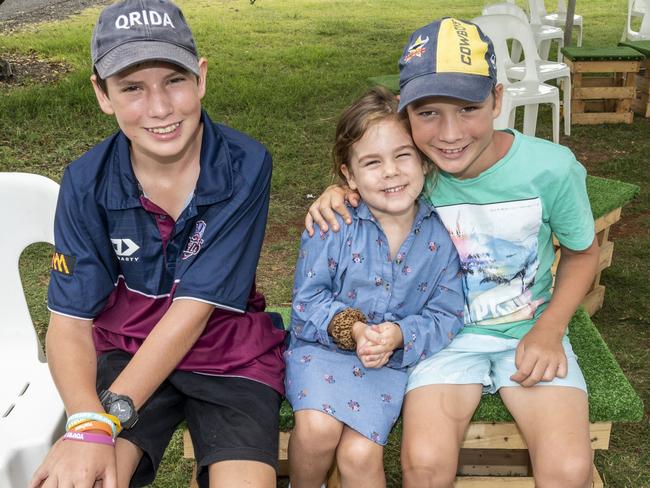 (from left) Hamish, Darcy and Patrick McDonald at the Toowoomba Royal Show. Saturday, March 26, 2022. Picture: Nev Madsen.