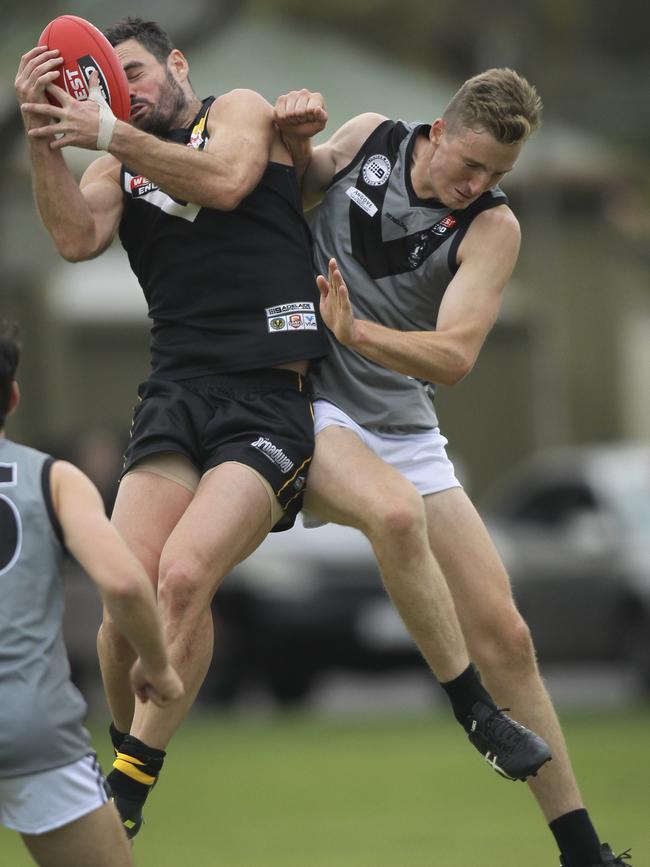 Brighton’s Tarquin Brown, pictured left, booted five goals at the weekend. Picture: AAP/Dean Martin