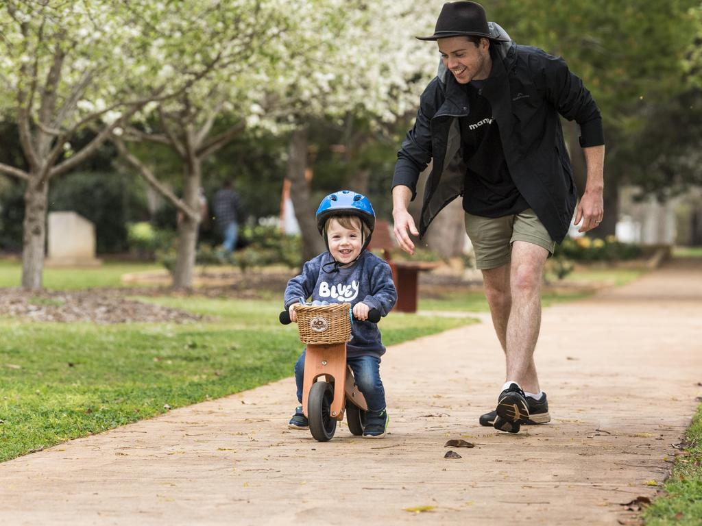 Ross Van Der Werff with his son Lowen at the Man with a Pram event on Father's Day, Sunday, September 5, 2021. Picture: Kevin Farmer