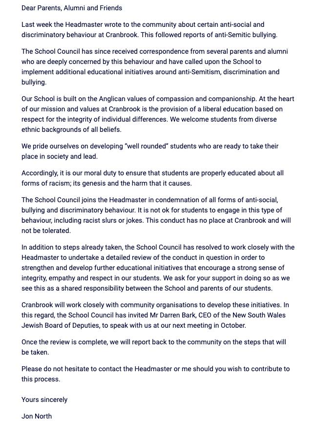 An email sent from Cranbrook School Council President Jon North informing families of the investigation.