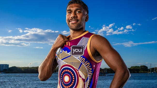 Brisbane Lions Indigenous guernsey 2025.Brisbane Lions Keidean Coleman wearing this years Indigenous guernsey.Picture: Nigel Hallett