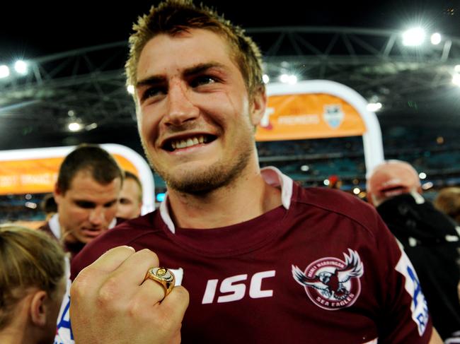 Kieran Foran shows his premiership ring won with the Manly Sea Eagles in 2011.