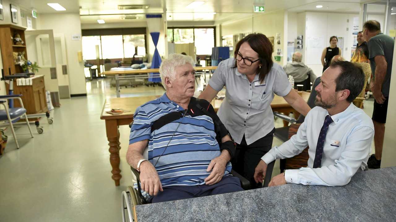 NEW WARD: Discussing the new rehabilitation ward and plans for the new Toowoomba Hospital are (from left) patient John Standing, Nurse Unit manager Carol Huet and DDHHS executive director for infrastructure Dr Paul Clayton. Picture: Bev Lacey