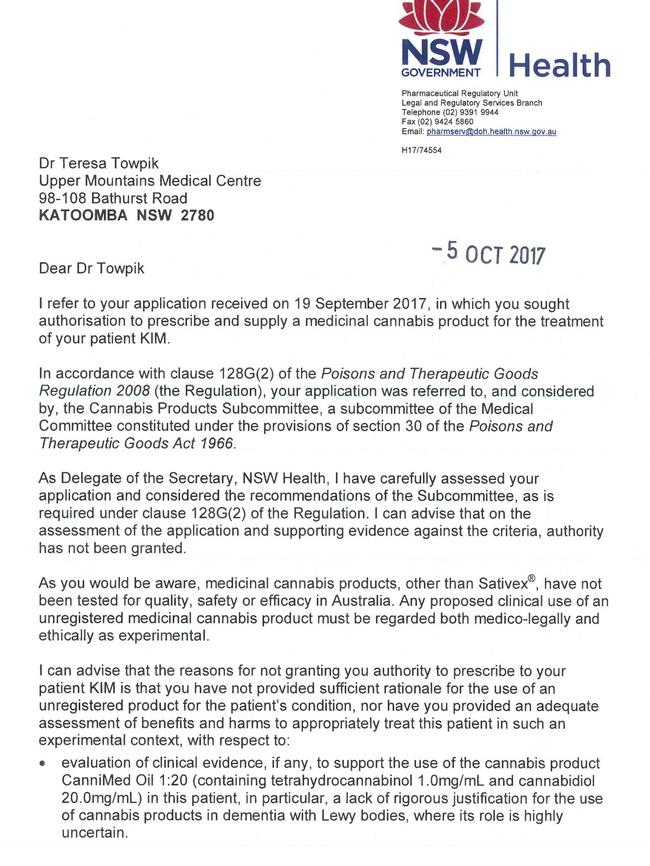 The NSW Health refusal letter.