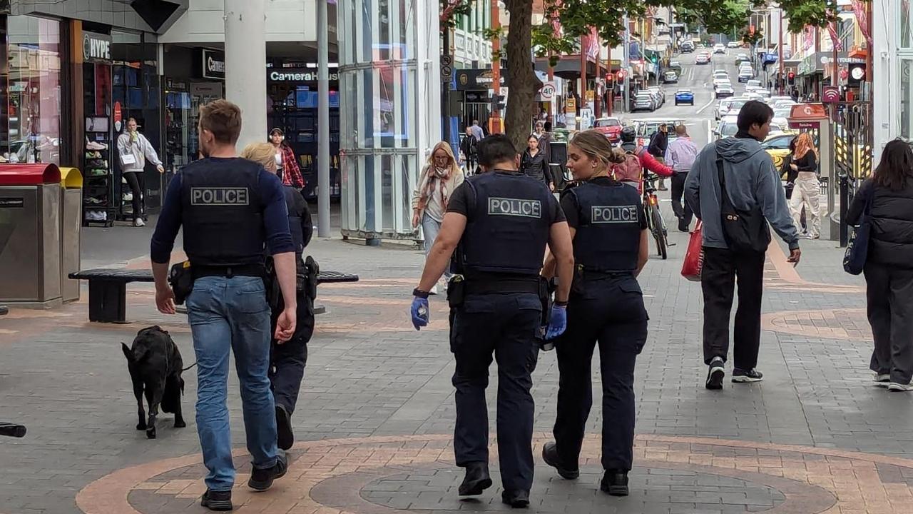 Tasmania Police patrol Elizabeth Mall, Hobart CBD. Picture: Tasmania Police