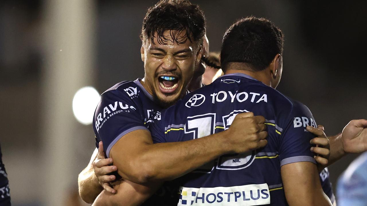SYDNEY, AUSTRALIA - SEPTEMBER 10: Jeremiah Nanai of the Cowboys celebrates with try-scorer Jason Taumalolo during the NRL Qualifying Final match between the Cronulla Sharks and the North Queensland Cowboys at PointsBet Stadium on September 10, 2022 in Sydney, Australia. (Photo by Mark Metcalfe/Getty Images)
