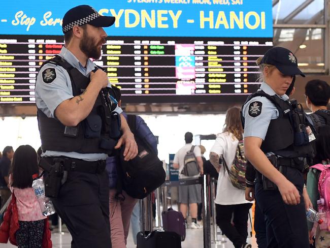 Officers at Sydney Airport on Wednesday. Picture: William West/AFP