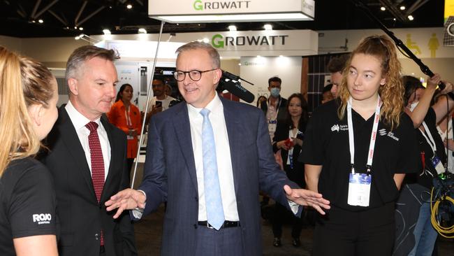 Labor leader Anthony Albanese tours the Smart Energy Council Conference with Chris Bowen and Mark Butler. Picture: Liam Kidston