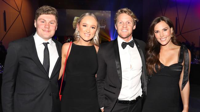 At the Adelaide Convention Centre, guests arrive for the presentation of the Crows Best and Fairest awards. Harry Schoenberg and partner Sarah Cook, and Rory and Belinda Sloane. 25 September 2020. Picture Dean Martin