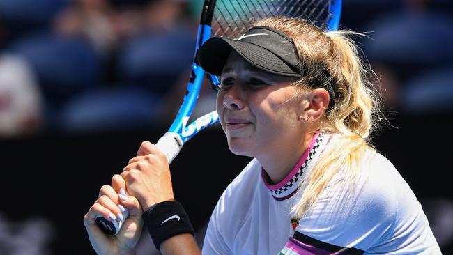 Amanda Anisimova of the US reacts after a point against Czech Republic's Petra Kvitova.