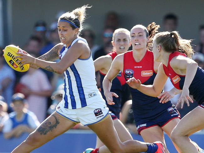 AFLW. Round 4. 24/02/2019.  Melbourne v North Melbourne at Casey Fields.  Mo Hope takes possession of the bouncing footy  . Pic: Michael Klein