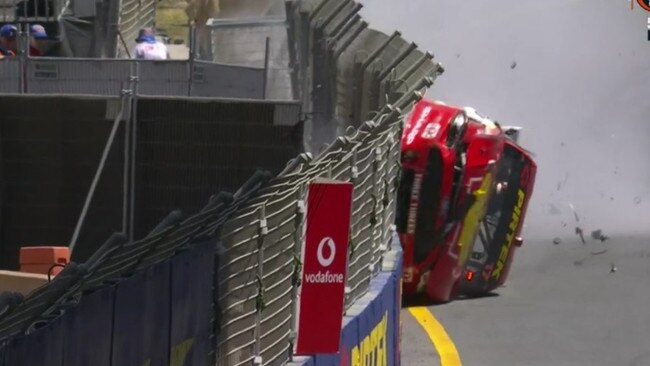 Scott McLaughlin gets sideways into the wall in a scary crash during the GC600 Supercars race on day two, on the Sunday, on the Gold Coast street circuit, October 27 2019. Picture: Fox Sports