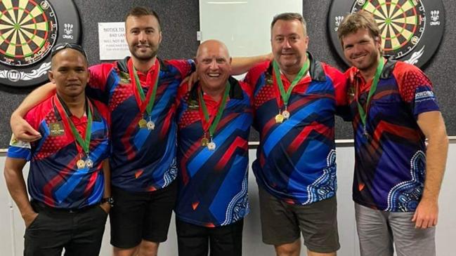 (From left to right) Mackay Darts Club players Philip Balgoma, Cameron Greyling, Kevin Brown, Theo Greyling and Steve Lavender celebrate their minor premiership achievement last year. Picture: Contributed.