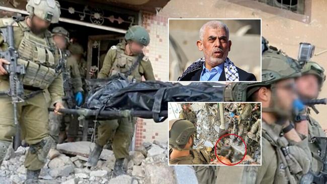 Hamas leader Yahya Sinwar (top right) is carried out in a bodybag (main) after being found in the rubble of a building after an Israeli attack in Gaza. Pictures: Supplied