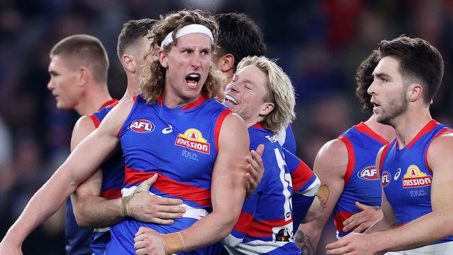 2022 AFL Football Round 19 – Western Bulldogs V Melbourne Demons at Marvel Stadium. Aaron Naughton of the Bulldogs celebrates a goal. Picture: Mark Stewart