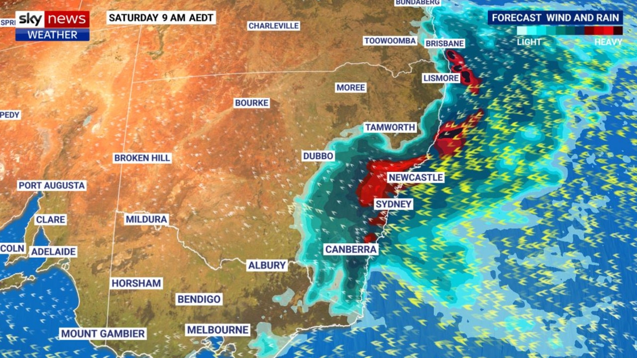 Saturday could be a very wet day across the east coast, but a new band of rain is waiting in the wings to extend the sodden conditions into next week. Picture: Sky News Weather