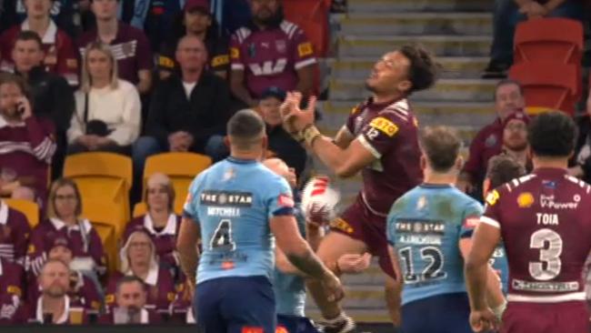 The ball comes forward off Dylan Edwards. Photo: Channel 9.
