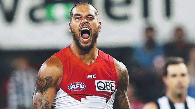 Sydney's Lance Franklin celebrates his first goal during AFL match Sydney Swans v Collingwood at the SCG. Picture. Phil Hillyard