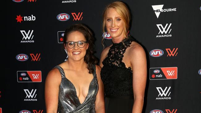 Kearney and Shierlaw at the AFLW Best and Fairest Awards in 2019. Picture: Hamish Blair/AAP