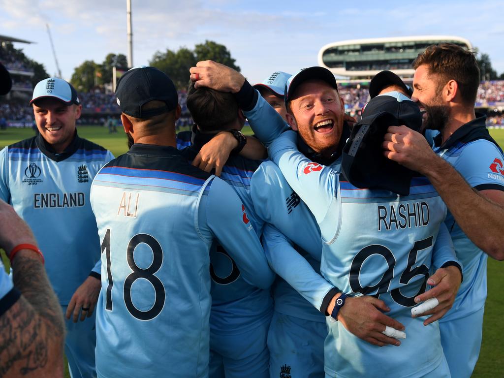 Bairstow celebrates the run-out that clinched victory in the 2019 World Cup final against New Zealand. Picture: Gareth Copley-ICC/ICC via Getty Images