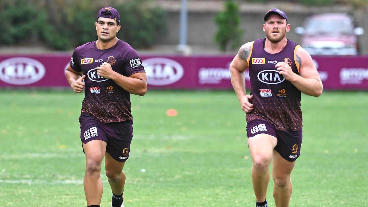 David Fifita and Matthew Lodge at Broncos training. Photo: AAP