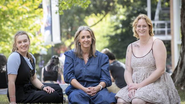 Marine Antarctic Science 3rd year student Grace Oxenham, Director Tasmania Engagement Leanne Arnott and Bachelor of Social Work 3rd year student Annabelle Smith at UTAS Sandy Bay Campus. Picture: Chris Kidd