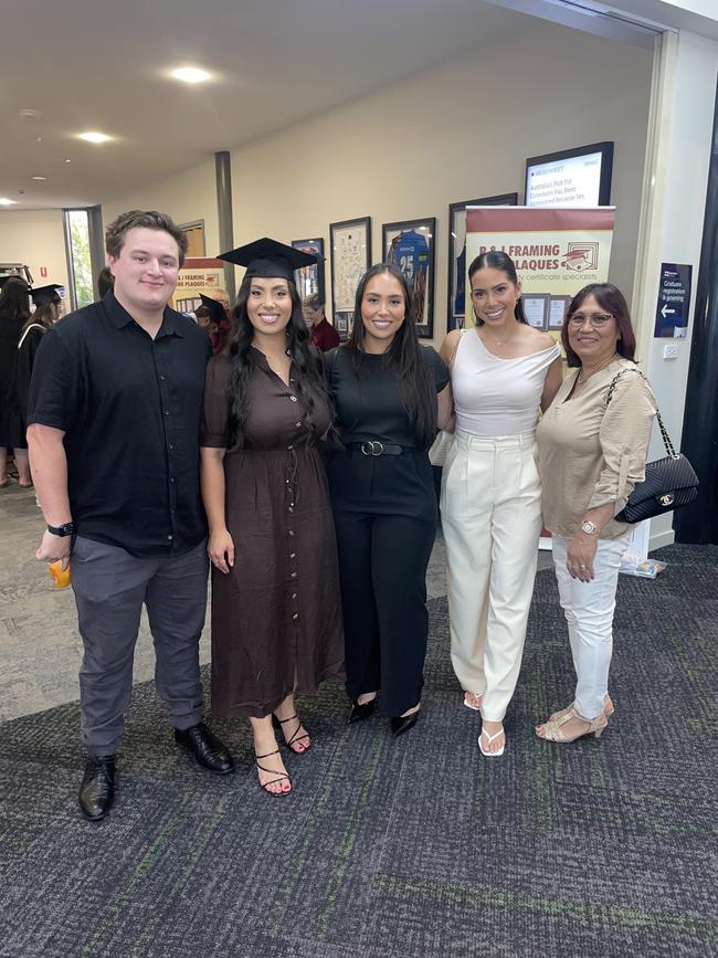 Connor Nilsson, Mary Jane Vernier (Bachelor of Education), Jasmine Vernier, Stephanie Wise and Elsie Colarusso at the Federation University Churchill Campus graduations on Tuesday, March 25, 2025. Picture: Jack Colantuono