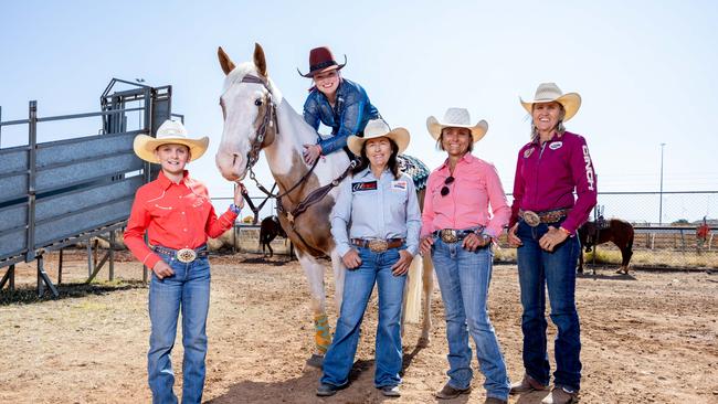 Mount Isa Rodeo 2024 - Dusty Young, 10, Sam Ferrari, Shona Tribe, Julie Campbell and Leanne Caban are the queens of the rodeo arena. Picture by Luke Marsden. - Photo Supplied