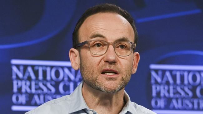 Greens leader Adam Bandt addressing the National Press Club of Australia in Canberra on the party’s plans on Wednesday. Picture: Martin Ollman/NewsWire