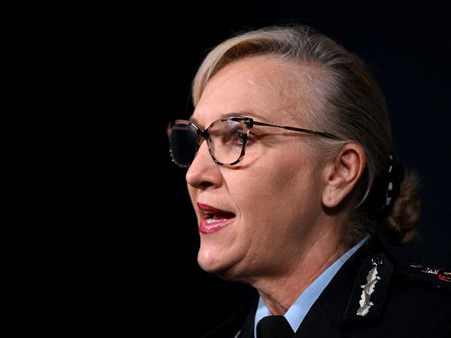 Queensland Police Commissioner Katarina Carroll announces her resignation on Tuesday. Picture: Dan Peled/NCA NewsWire