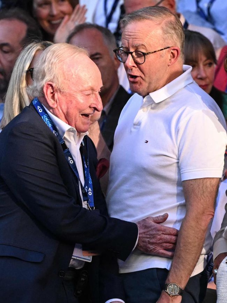 Rod Laver and Anthony Albanese. Picture: AFP