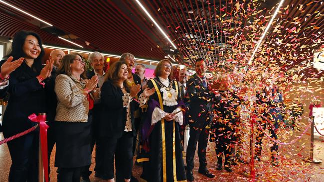 Parramatta Lord Mayor Donna Davis cuts the ribbon, marking the opening of Phive. Picture: Richard Dobson