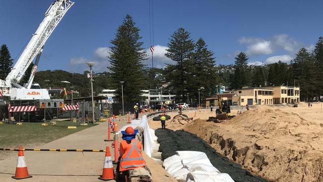 Northern Beaches Council has been undertaking stabilisation work on the sandstone sea wall at the southern end of Collaroy Beach. Picture: Manly Daily