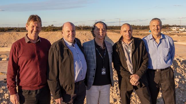 Sam Shahin (centre) with the team recruited to launch and run the drag strip at The Bend Motorsport Park. (from left) Wayne Williams, Steve Bettes, Rino D’Alfonso and Vlad Ostashkevich. Picture: Supplied