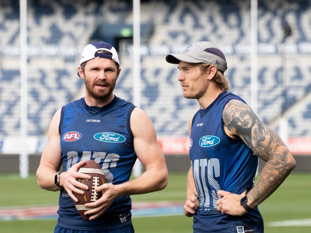 The Dangerfield-Stewart brains trust. Picture: Brad McGee/Cats Media