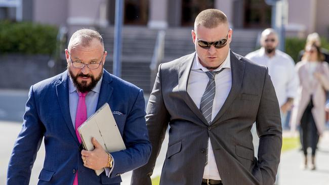 Former Black Uhlans bikie Steve Smith (right) with his lawyer Campbell MacCallum from Moloney MacCallum Abdelshahied Lawyers. Picture: Jerad Williams