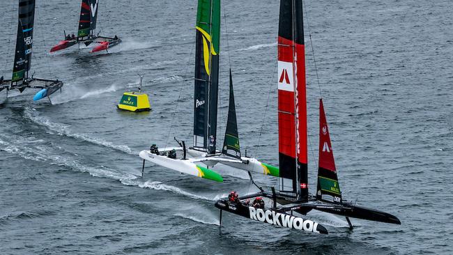 ROCKWOOL Denmark SailGP Team helmed by Nicolai Sehested ahead of Australia SailGP Team, Canada NorthStar SailGP Team, New Zealand SailGP Team, and Switzerland SailGP Team during a practice session ahead of the Rolex Los Angeles Sail Grand Prix held in the Port of Los Angeles, California, USA. Friday 14 March 2025. Rolex SailGP Championship Event 4 Season 2025. Photo: Simon Bruty for SailGP. Handout image supplied by SailGP