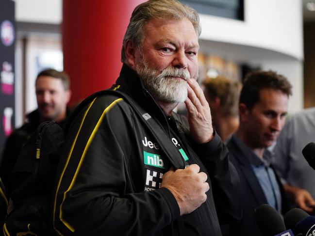 Richmond Tigers Football Manager Neil Balme speaks to media during the opening day of the AFL trade period as club representatives begin trade discussions in Melbourne, Monday, October 7, 2019. (AAP Image/Michael Dodge) NO ARCHIVING