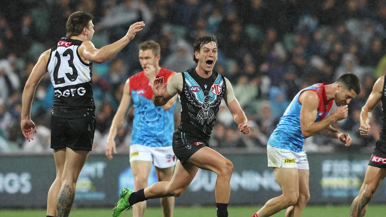 Zak Butters of the Power celebrates a goal. Picture: Sarah Reed/AFL Photos