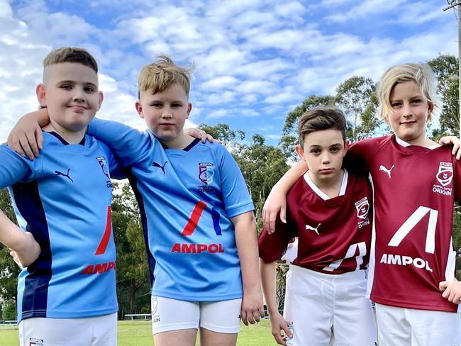 Sussex Inlet Public School students will play Ampol Little Origin on Wednesday, June 8, 2022 at halftime in State of Origin Game 1. From left Kingston McDonagh, Cooper Jones, Matt Donaldson, Beau McDowall. Picture: Dylan Arvela