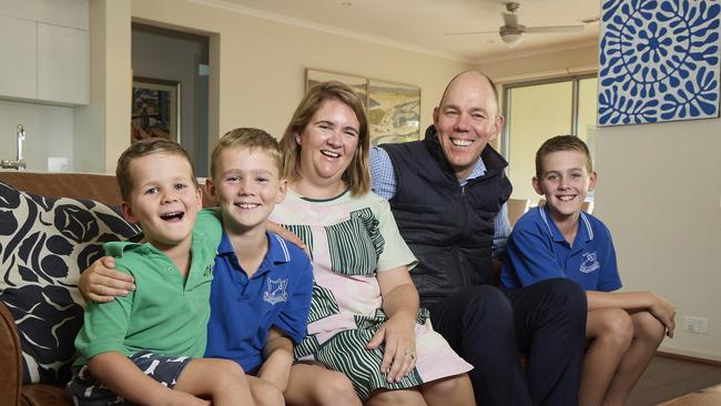 Sam Walsh, 4, Henry Walsh, 8, Lucia Walsh, Matt Walsh and Oliver Walsh, 10, at home after Santos introduced a nine-day fortnight. Picture: Matt Loxton