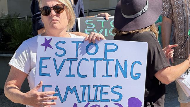 Renters and housing advocates rally at Parliament House in Perth for the State Government to end without grounds evictions.